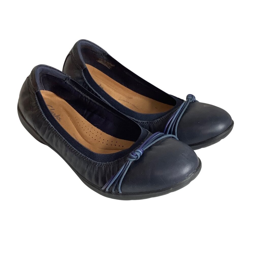 Clarks Collection Navy Leather Meadow Rae Ballet Flats‎ Women 8.5 Elastic Knots